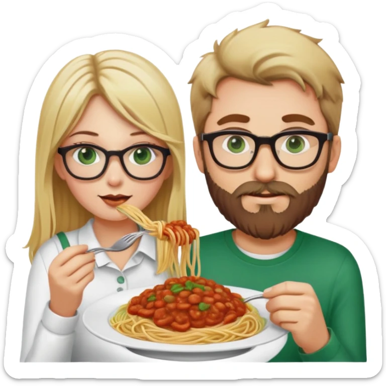 Blonde Caucasian girl with green eyes, no glasses eating spaghetti with Caucasian man with brown hair and beard wearing glasses sticker