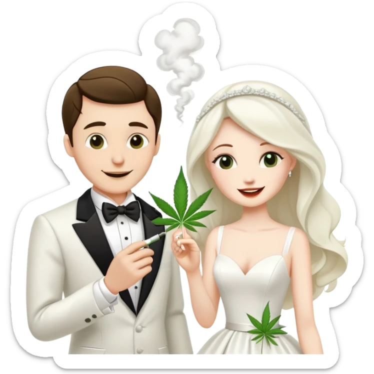 Bride in white dress and groom in tuxedo sharing a cannabis joint, cheerful cartoon wedding couple sticker