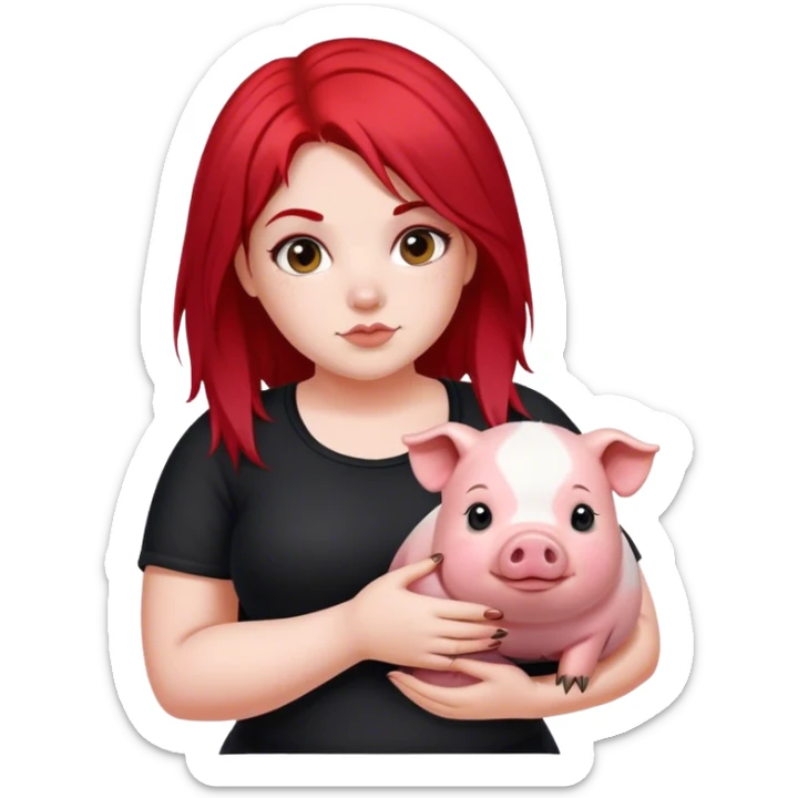 Thick girl with red and black split dye  red hair on left and black hair on right holding her pet pig sticker