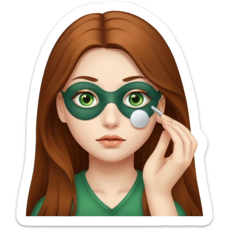 Girl with white skin green eyes and brown long hair putting eye patches under her eyes  sticker