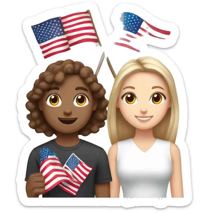white girl with brown eyes and brown straight hair holding a polish flag in her hands and white guy with brown curly hair holding an american flag in his hands  sticker