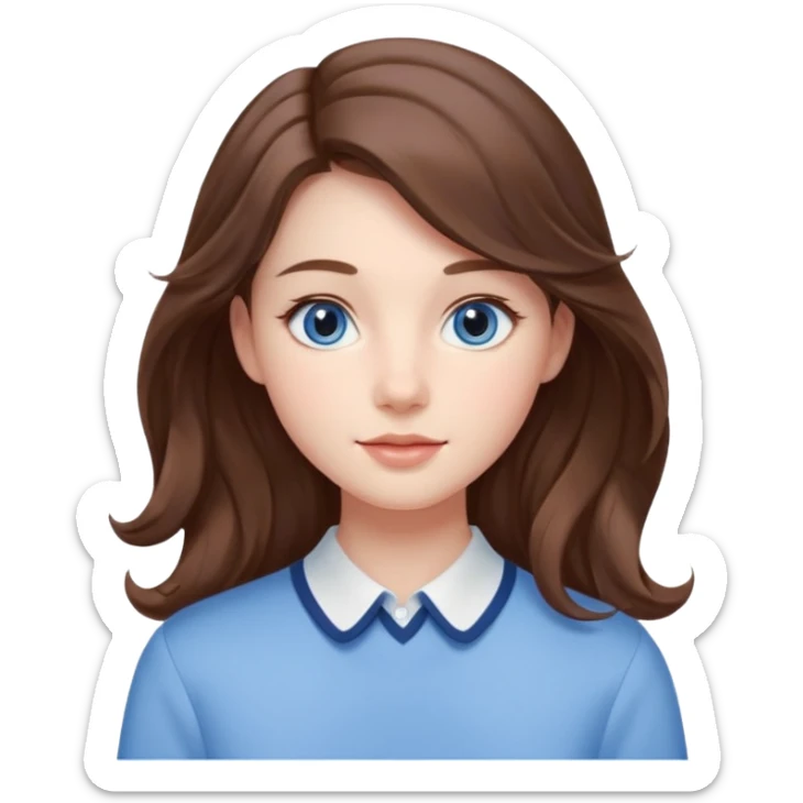 Realistic Student Portrait, with porcelain-like skin featuring a natural rosy flush, illuminated by soft lighting that highlights the gentle contours of her face. Her Brunette hair flows in soft, Her deep blue eyes radiate warmth and innocence,  wear light blue preppy style. sticker