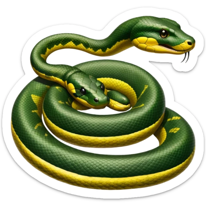 A photo-realistic top-down view of a Green Anaconda tightly coiled in a spiral, with its broad, flat head resting at the center. Its thick, muscular body is olive-green and covered in symmetrical, bold black oval spots that stand out against its smooth scales, creating striking natural camouflage. sticker