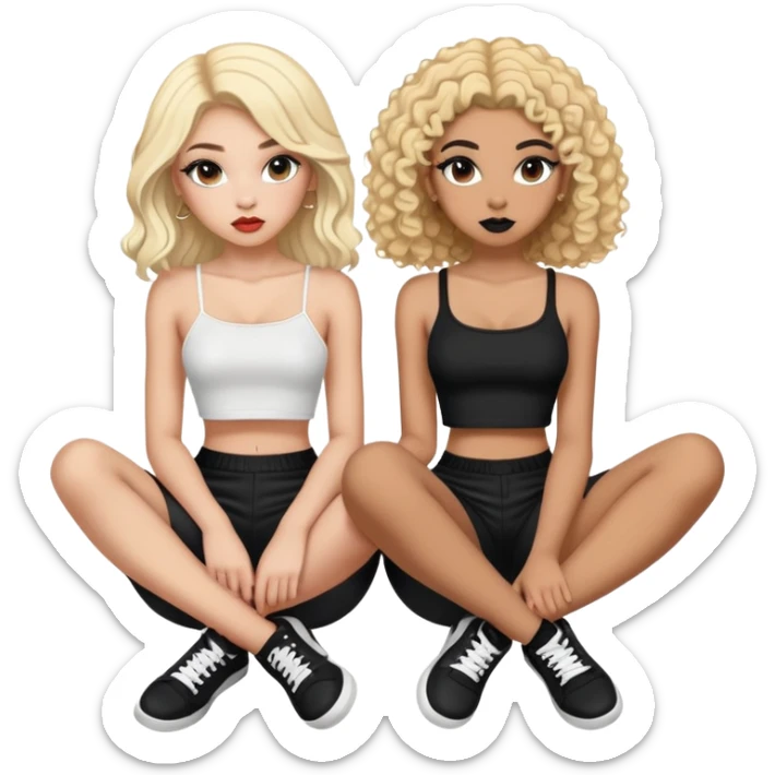 Full body of two teenage girls sitting together, one white with straight blonde hair and one brown-skinned with curly black hair, both with heavy makeup, big lips, crop tops and choni style clothing sticker