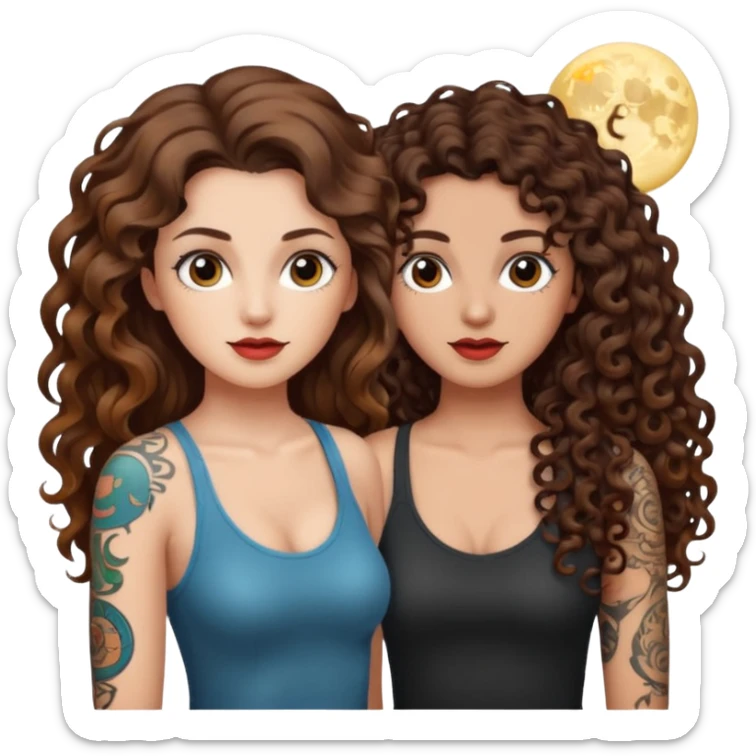 moon color change — long wavy brown hair tattooed woman and short tight curly brown hair woman — alarmed sticker