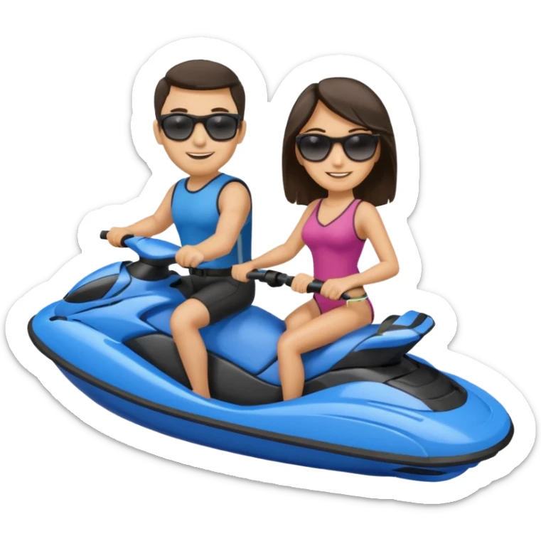 Light tan male dark hair & light tan female dark hair on a blue jet ski sticker