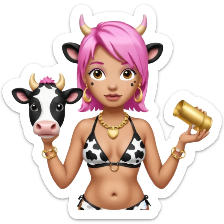 fat tan pink hair nicki minaj hucow with cow ears woman with inflated belly in black and white cow print bikini with gold hoop earrings and cow bell collar sticker