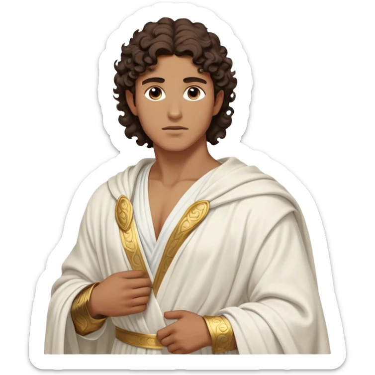 Cinematic Realistic Hercules Portrait, depicted as a classical Greek hero inspired by the Disney version yet echoing the refined proportions and serene dignity of Michelangelo's David. His idealized, tan skin glows with timeless strength, and his thick, curly wavy dark brownhair falls in natural, sculpted curls. Draped in a flowing white robe with delicate golden accents, his expressive eyes radiate determined nobility, all rendered under dynamic natural lighting with a mythic, radiant glow. sticker