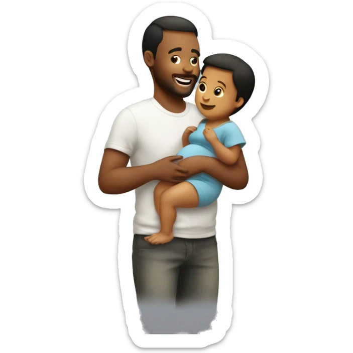 Pregnant man holding his toddler on his arms while his toddler plays with dads pregnant belly sticker