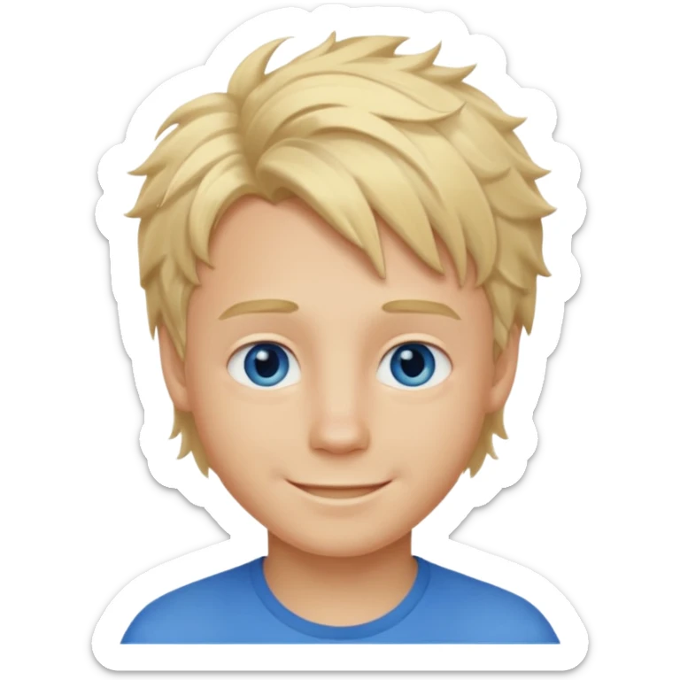Emoji chlopak z blond włosami które będą rozsztrzepane i niebieskimi oczami uśmiechając się i większe wlosy sticker