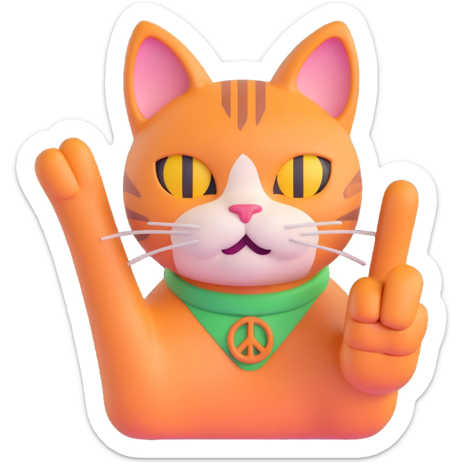 cute and trendy emote of a cat face with a human body, making a peace sign, clear background sticker