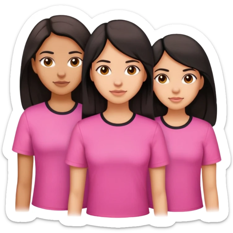 Three sisters, light skin with long dark brown hair, tan skin long black hair, tan skin dark brown short hair, pink shirt sticker