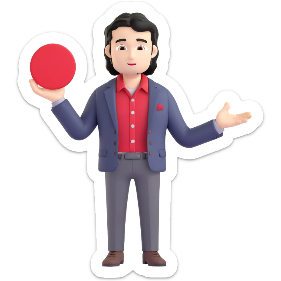 Business strategist with black wavy hair, stubble, chiseled face, wearing blazer and button-up shirt, giving an inspirational TED-style talk about innovation on a minimalist stage with red circle, dynamic speaking pose sticker