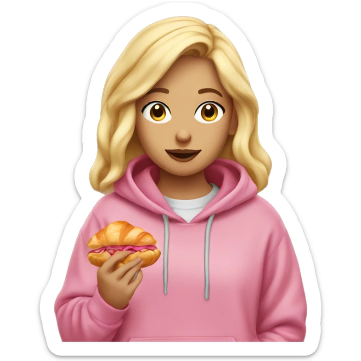 A blonde girl wearing an oversized pink hoodie is eating a croissant. sticker