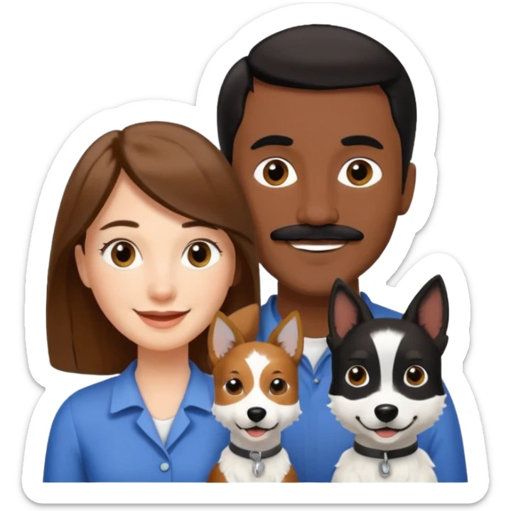 Quiero a una mujer blanca  con el pelo por el hombro lacio castaño  con un hombre de color morochito con el pelo negro y bigote, ambos felices  y un solo perro blanco Fox terrier  sticker