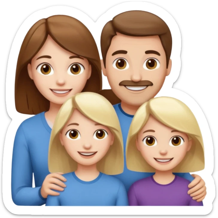 happy pale white  four person family with one brown hair dad, one brown hair mom, one blonde girl, and one brown hair girl sticker
