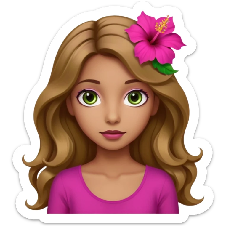 Una ragazza con gli occhi tra il marrone e il verde con gli occhi grandi i capelli lunghi castani quasi biondi lunghi fino alle spalle,poi magra con un top fucsia e uh hibicus sempre fucsia trai capelli  sticker