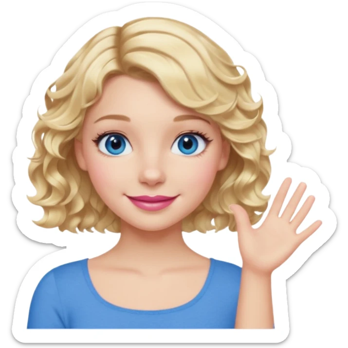 Girl Blonde short wavy hair,  blue eyes, cute blue top, long lashes, pink lips, smiling, one hand 🤷🏼‍♀️  sticker