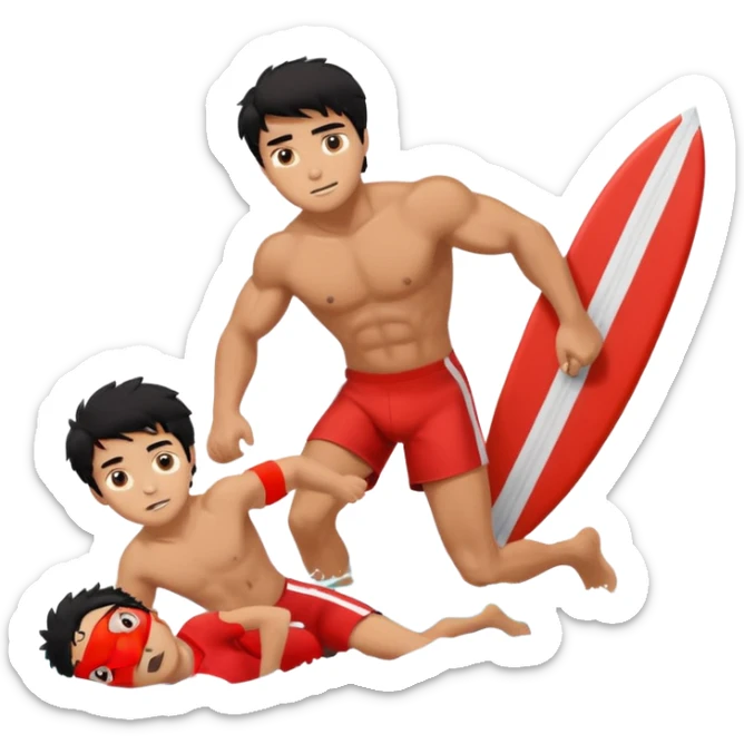Dark Tan Muscular teen lifeguard boy with messy black hair in action saving old lady sticker