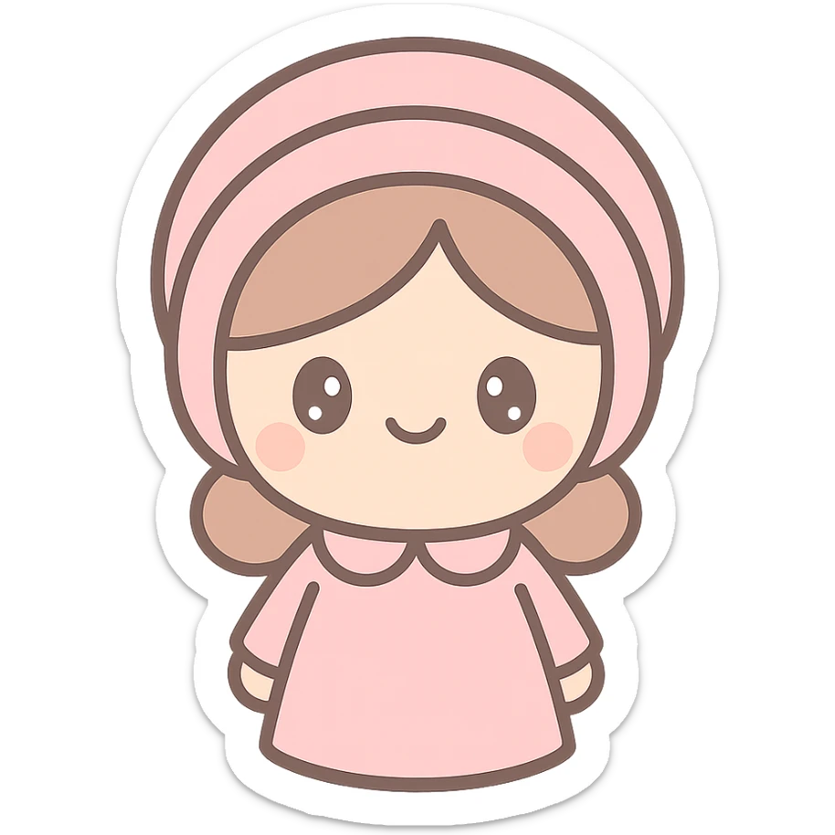 Amish woman in a pink dress, kawaii style, emoji aesthetic, cute and simple, round face, bonnet, soft pink color palette, no text sticker