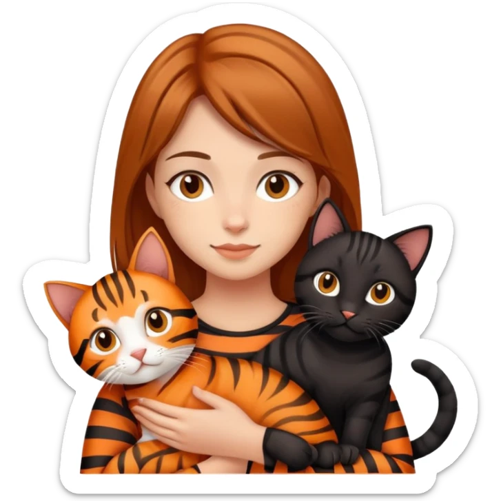 tan brown-haired girl holding two cats, one black cat and one orange tiger-striped cat sticker