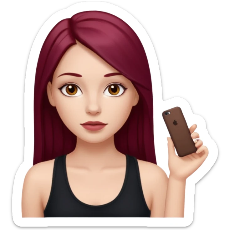 white girl, long straight middle part burgundy hair, brown eyes, long eyelashes, full lips, black tank top sticker