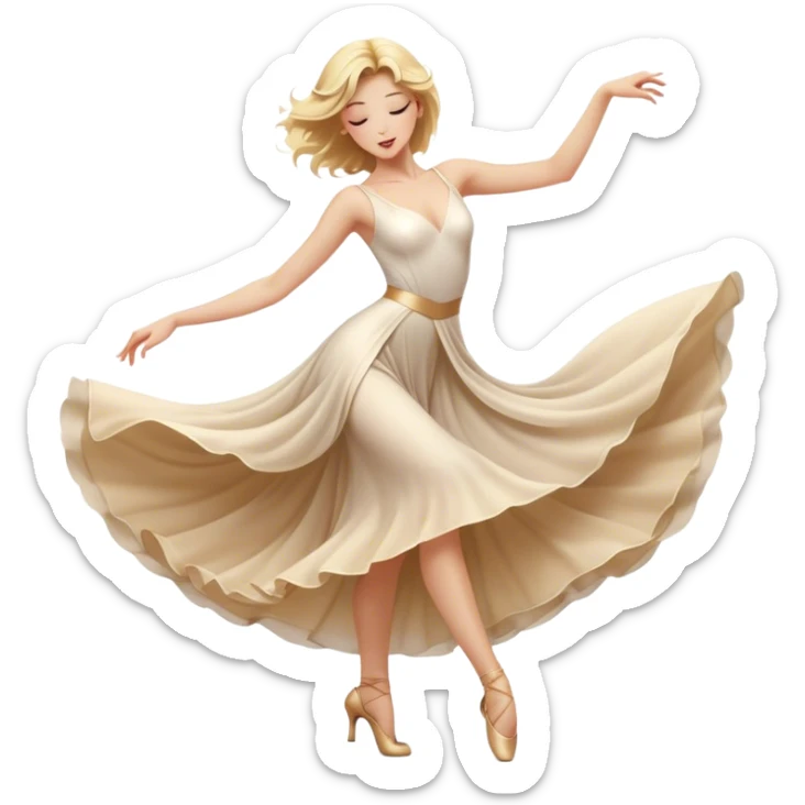 A blonde girl in a cinematic realistic dancing pose, elegant movements of the dancers, the soft fabric of their outfits flowing to the beat of their movements, spectacular lighting emphasizing graceful lines radiating passion and poise. sticker