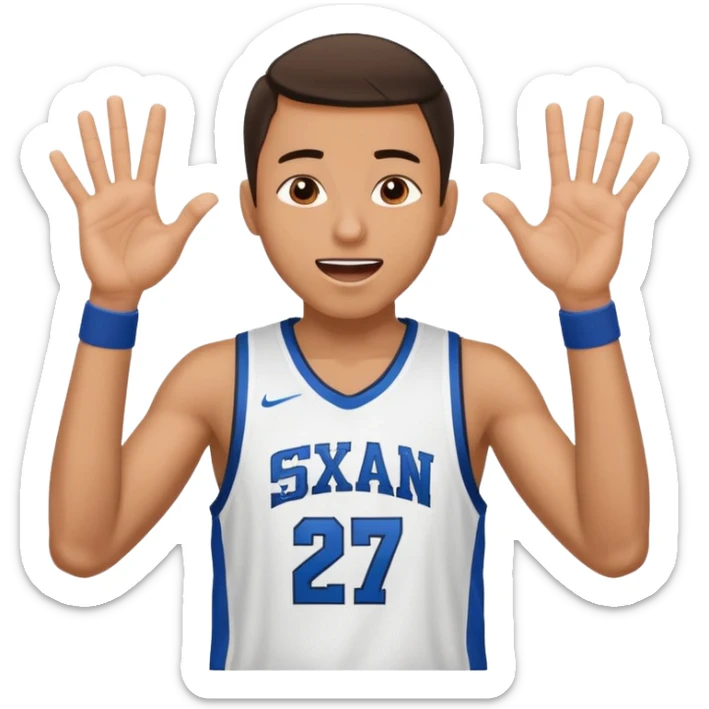 Maverick Trevillian in the crowd at an amateur basketball game. He leans towards the camera and enthusiastically shouts "six seven while performing a distinctive hand gesture: both hands open, palms facing upward, moving up and down as if weighing two options. sticker