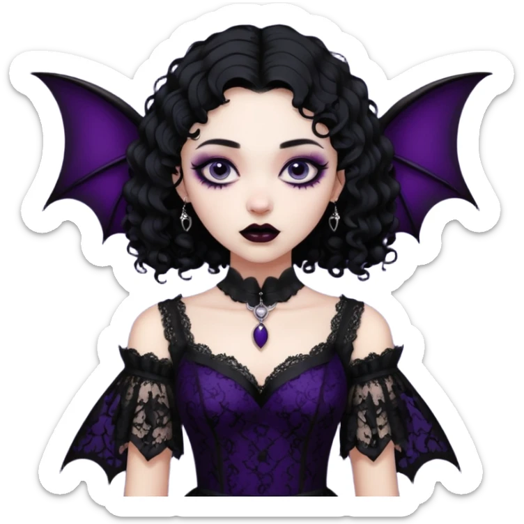 A girl with a goth vampire look in a goth lace batwings shaped sleeves dress black curly hair  sticker