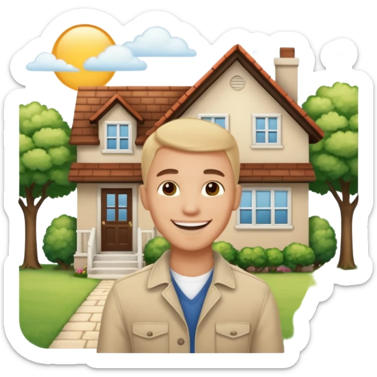 emoji de bienes y raices, un hombre y una casa en "venta for sale" sticker