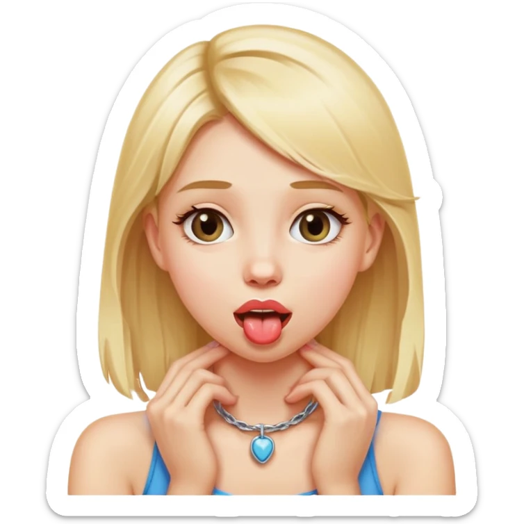 Girl with blond hair with hands placed on neck, with tongue out sticker