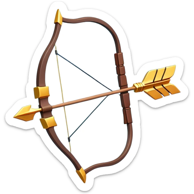 Clash of Clans aesthetic: Cinematic Playful Pixel 3D Bow & Arrow Portrait Emoji, rendered in a 3D vector-style similar to standard emojis with minimal shading and bold, simplified shapes. A compact, distinct form with signature details, softly glowing with a pixelated adventure charm. Simplified yet unmistakably iconic, highly detailed and consistent, glowing with a soft radiance and high shine. Stylized with a touch of classic pixel-art charm and a soft glowing outline, capturing the essence of a beloved gaming relic with a friendly, playful manner! sticker