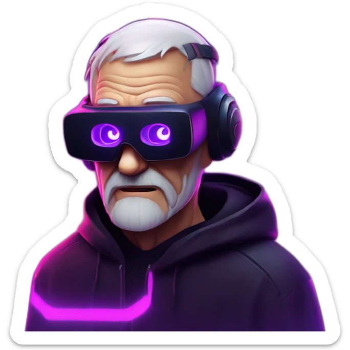 Russian old man wearing a black hoodie with "OMG" letters on it and VR headset in a cyberpunk VR environment with violet neon lighting. sticker
