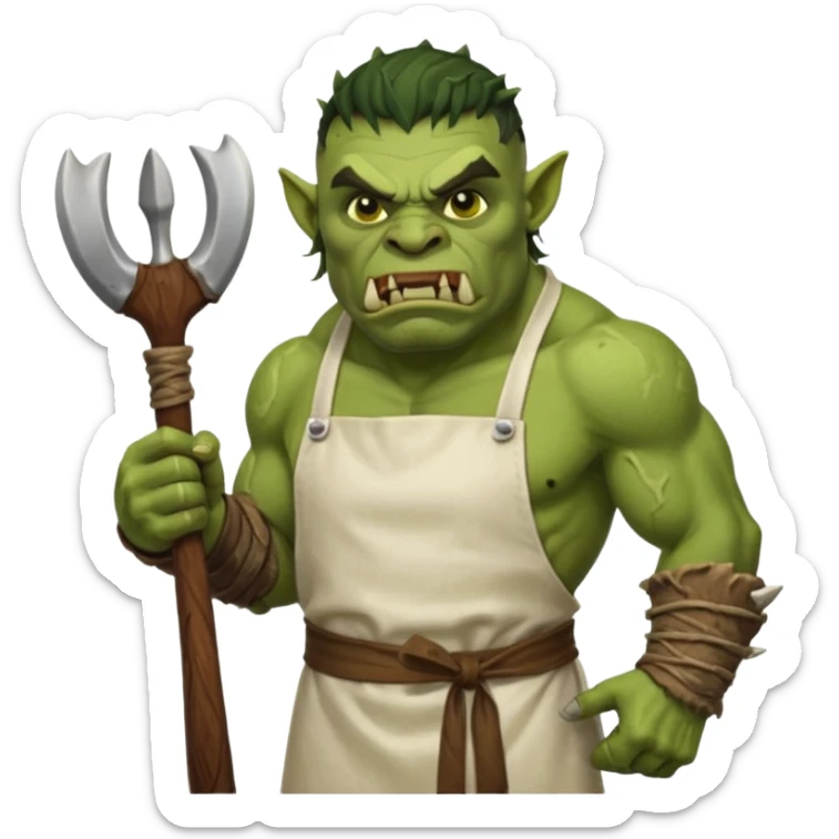 orc male Apron with "Kiss the Cook" (scratched out, replaced with "Fear the Cook"), giant rib bone as a weapon. sticker