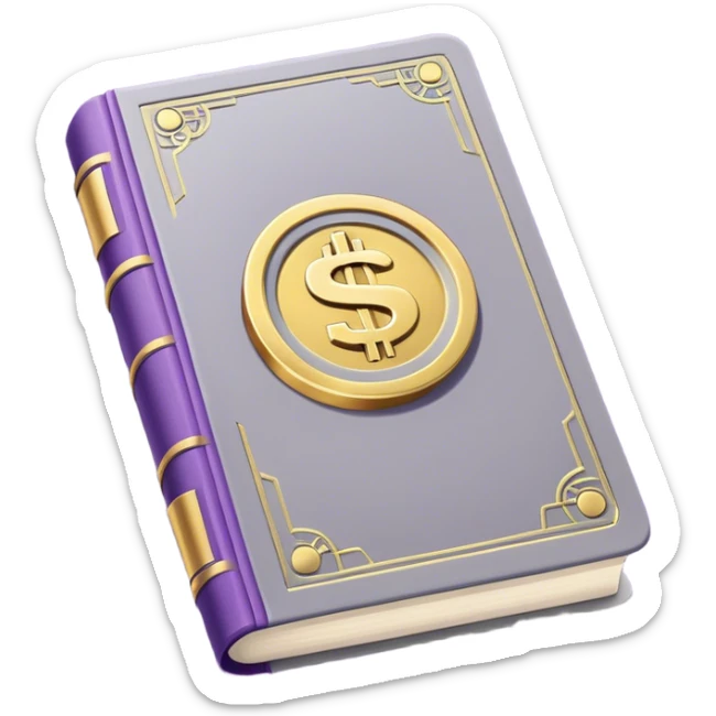 A gray book with tone purple details, gold lettering, and andollar sign, or split path on the cover, radiating financial wisdom, strategic wealth-building, and mindset transformation. sticker