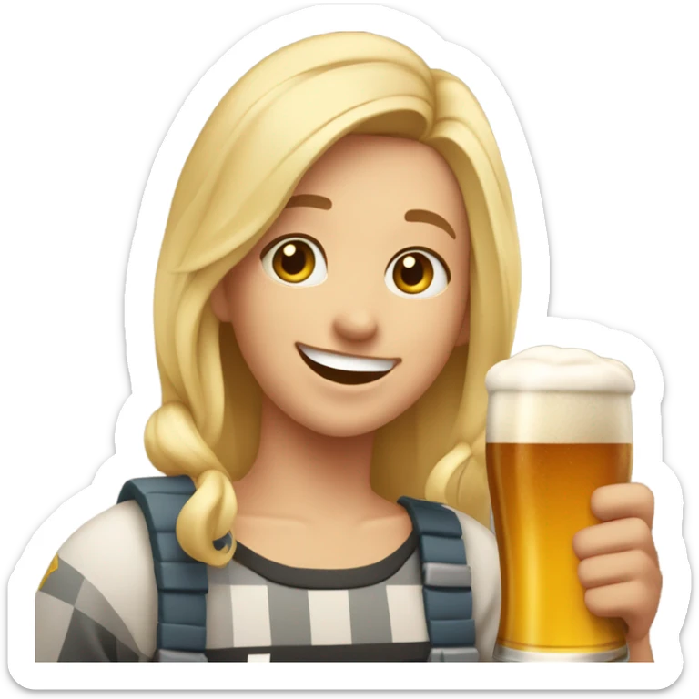 A blonde haired 28 year old celebrating birthday in German with a big pint of beer and a sausage  sticker
