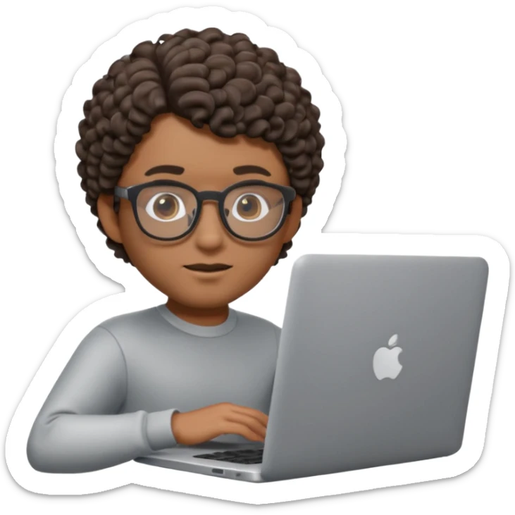 3D Apple Memoji–style emoji, brown-skinned male character, short curly hair, thick glasses, calm focused eyes, peeking over silver laptop, transparent PNG, 4K. sticker