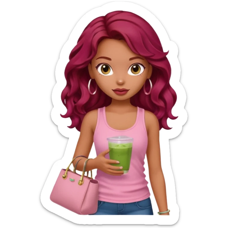a pretty fair bratz girl with wavy dark red hair, wearing a pink tank top , carrying a matcha and a pink bag sticker