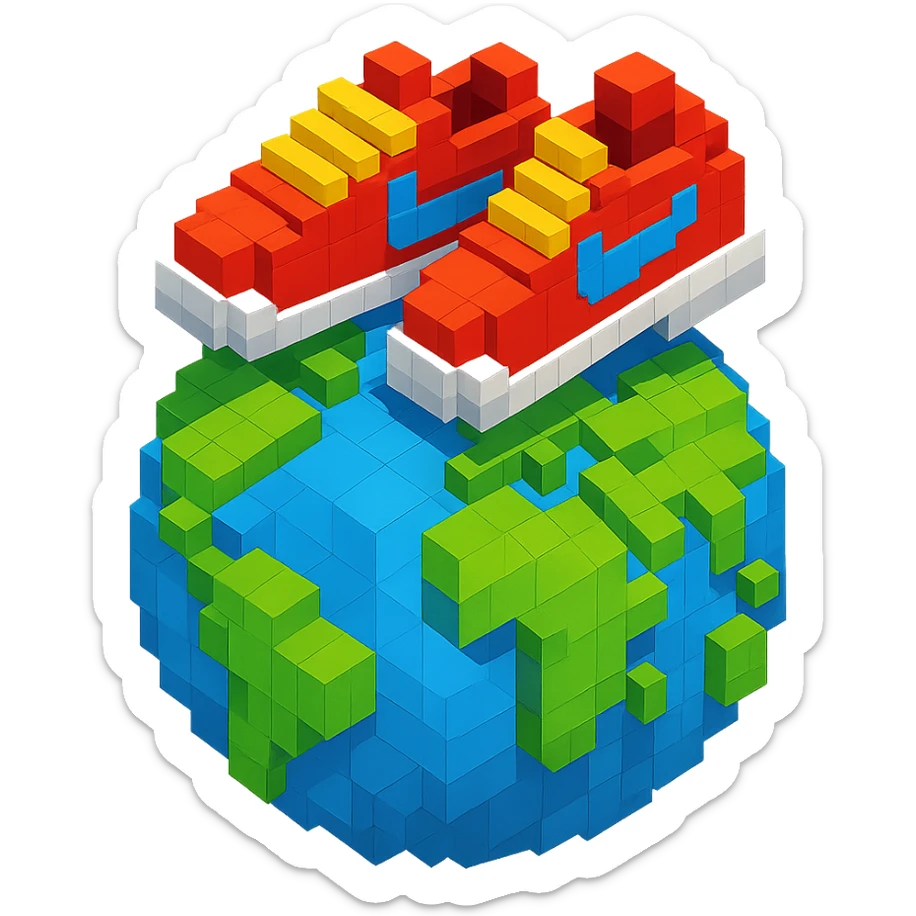 isometric view of Earth globe with a pair of Nike Cortez sneakers walking on top, voxel style sticker