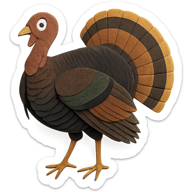 Eastern Wild Turkey, layered paper details, bold bronze and green plumage, fanned tail, expressive eye, naturalistic pose sticker