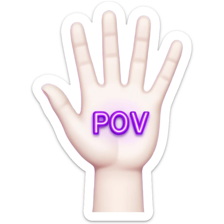 A 3D stylized cartoon hand holding a glowing neon purple sign that says "POV", high contrast, vibrant lighting, clean edges, white background. sticker