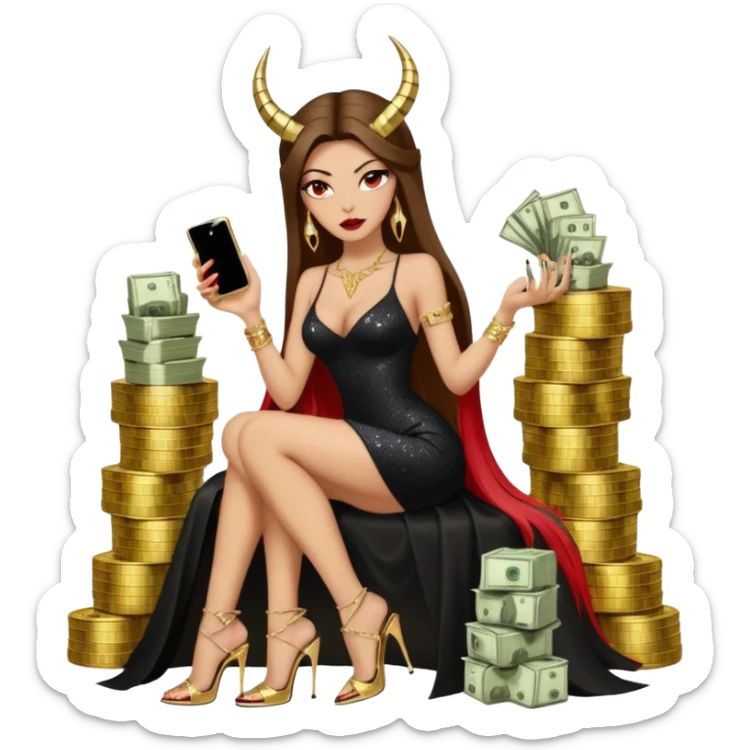 Sensual seductress long brown straight haired sexy drug lord woman with  glitter platform high heels on her feet,  and devil black horns on her head, holding a stack of cash, has a phone in other hand. Sitting on gold cases full of drugs, long black dress with sexy slit sticker