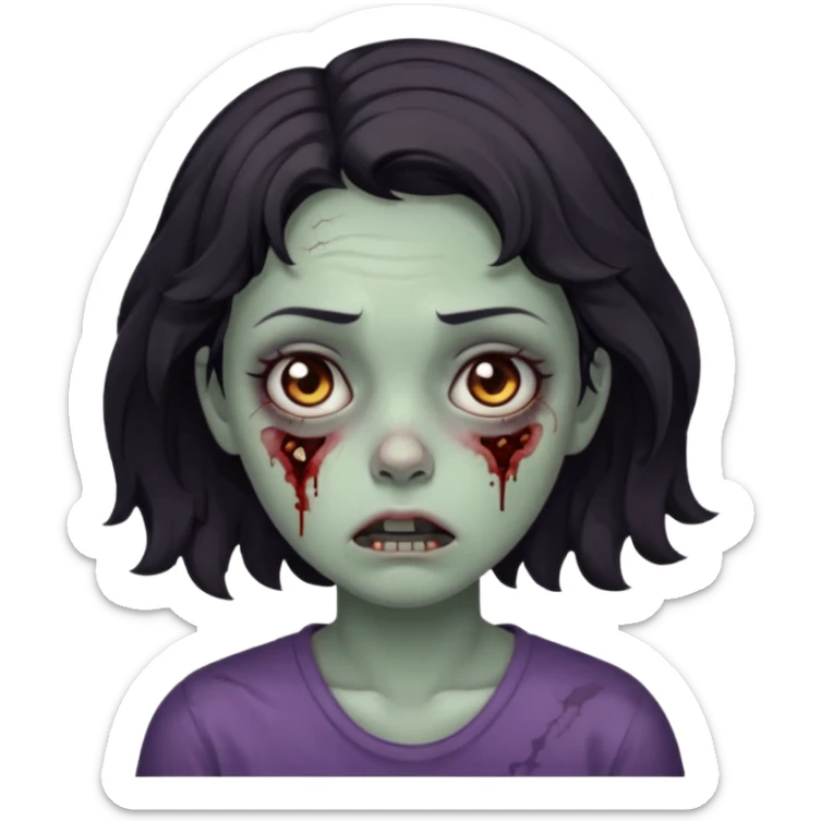 Zombie girl with bruises, she has a dark short wavy hair, she has a tired expression and dark eyes, she has dark circles too sticker