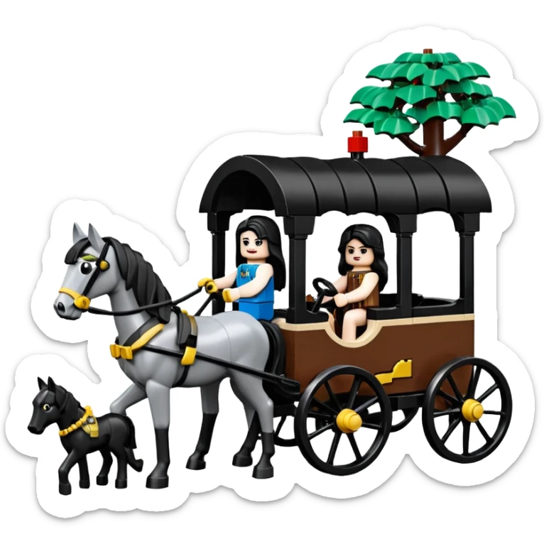  Ultra cute  Lego detailed 1854 Batman and pretty dark-haired Catgirl driving a horse drawn family-size Caravan alone together on a romantic trail in the woods  sticker