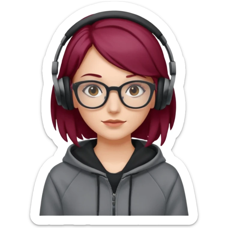 white girl with burgundy hair, gray rectangle glasses, black deportive hoodie and black headphones sticker