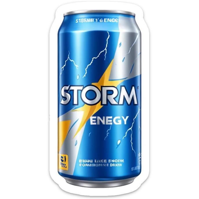 A soda named storm energy drink and by hraj a storm brand sticker