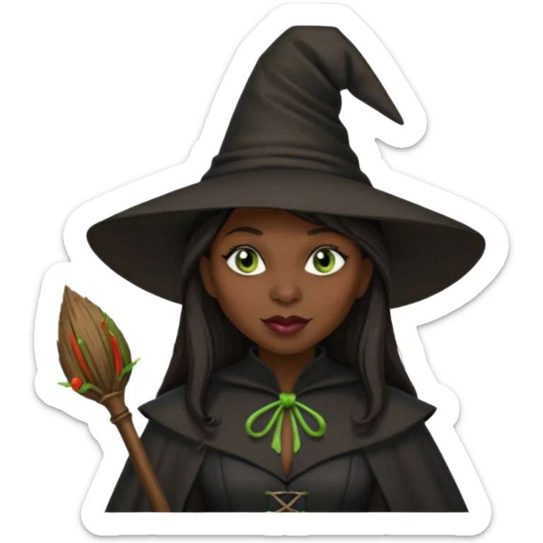 elphaba the wicked witch from wicked movie (cynthia erivo) dark long hair, thick lips, witch hat, broom sticker