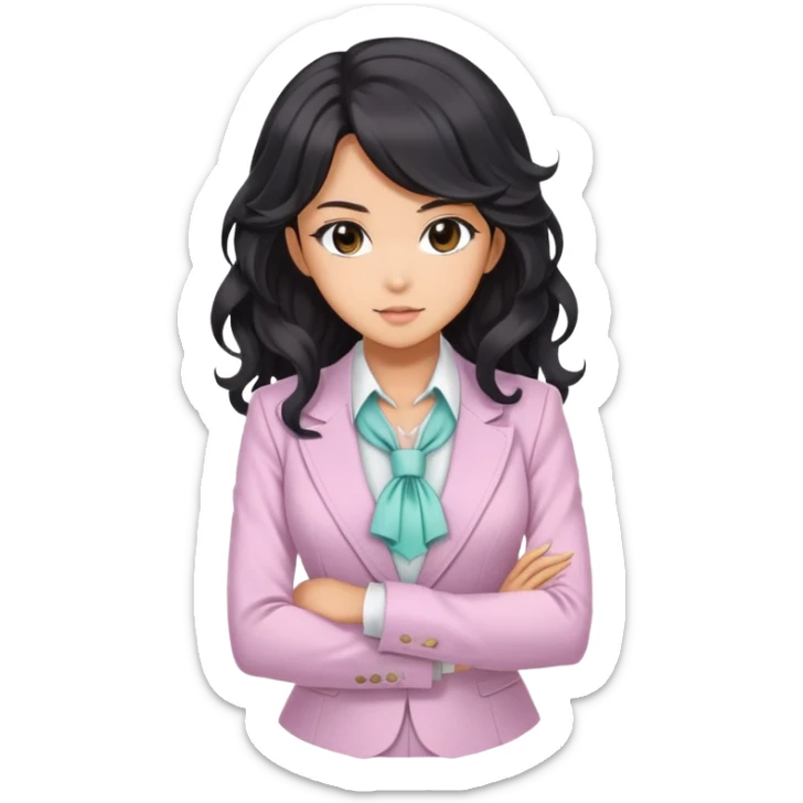Pretty anime girl with flowing black wavy hair in a professional but feminine pastel outfit, confident boss lady pose sticker