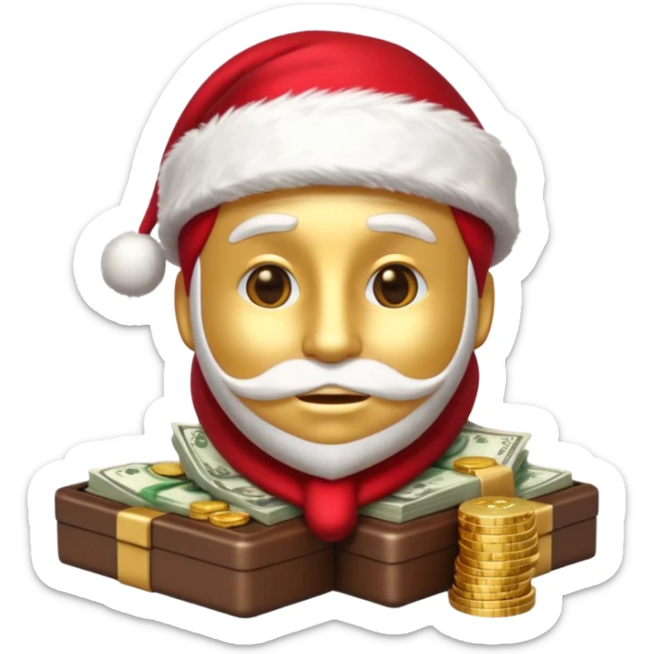 A confident rich emoji face wearing a Santa hat, money stacks, casino vibe, New Year theme, premium 3D emoji style, sharp details, no t sticker