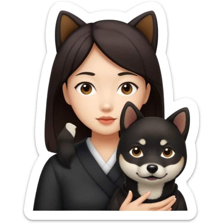 Asian girl with dark brown hair and a black shiba inu sticker